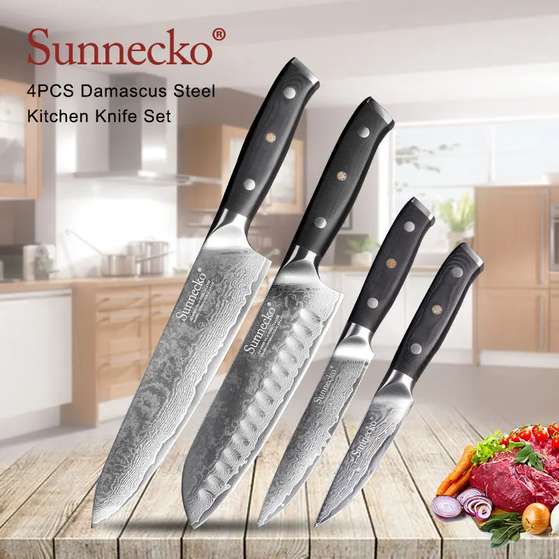 SUNNECKO 4 шт Кухня Набор ножей Santoku Утилита Шеф повар Ножи японский Дамаск VG10 Сталь