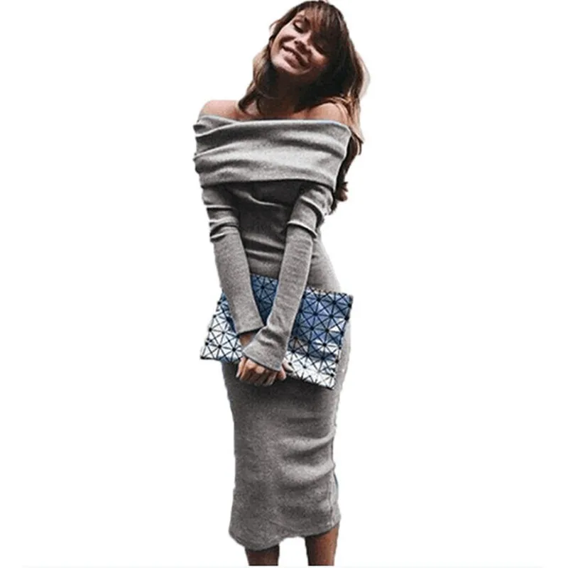 Новый Теплая Зима Черный Slash Шеи Вскользь Bodycon Женщин Свитер Платье С Длинным