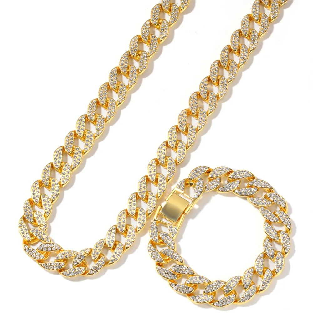 2 шт./компл. для мужчин хип-хоп iced out bling Chain Ожерелье и браслеты 15 мм ширина кубинские цепи ожерелье s ювелирные изделия Хип-хоп подарки