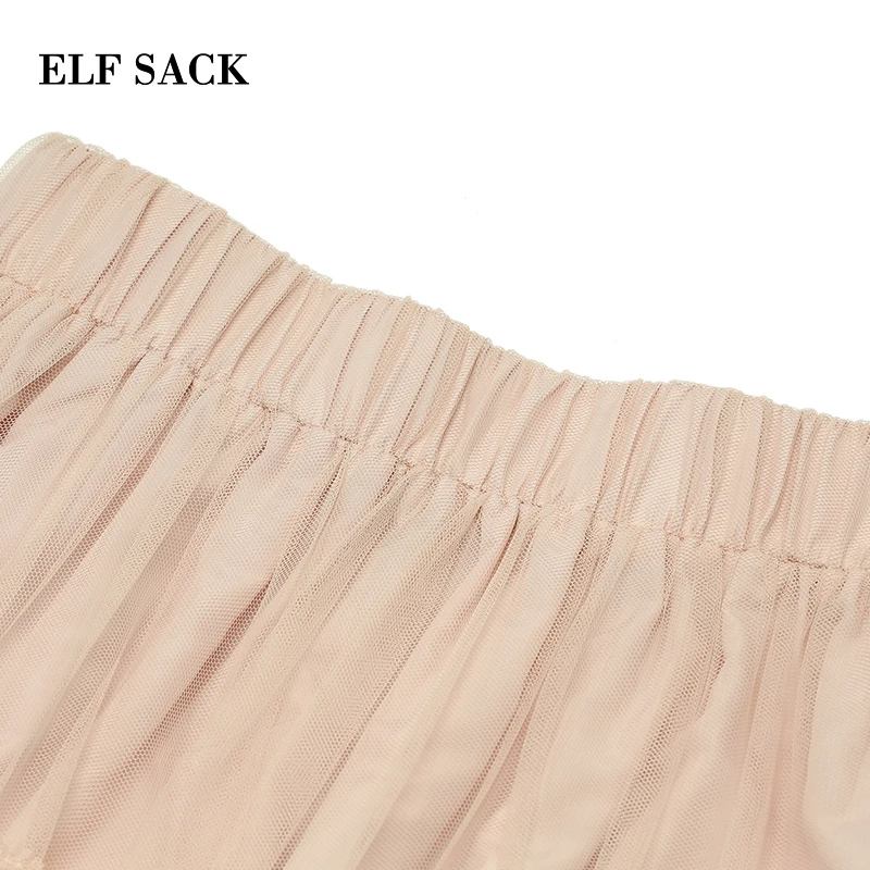 ELFSACK, новинка, однотонная женская юбка, повседневная, трапециевидная, с оборками, женские юбки, стильные, милые, сетчатые, женские юбки, свободная юбка, эластичная резинка на талии