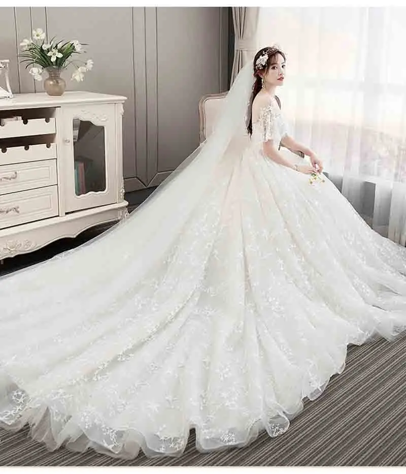 Large Size 6XL Deluxe White Bridal Wedding Trailing Dress Short-Sleeve Ball Gown Evening Party Dress For Lady Plus Size 5XL 3XL
