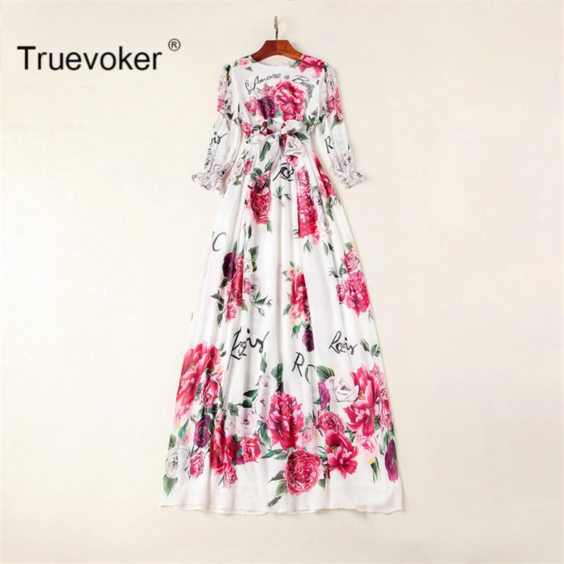 Truevoker, Осеннее дизайнерское макси платье, женское, высокое качество, длинный рукав, красный пион, цветочный принт, с поясом, длинное платье