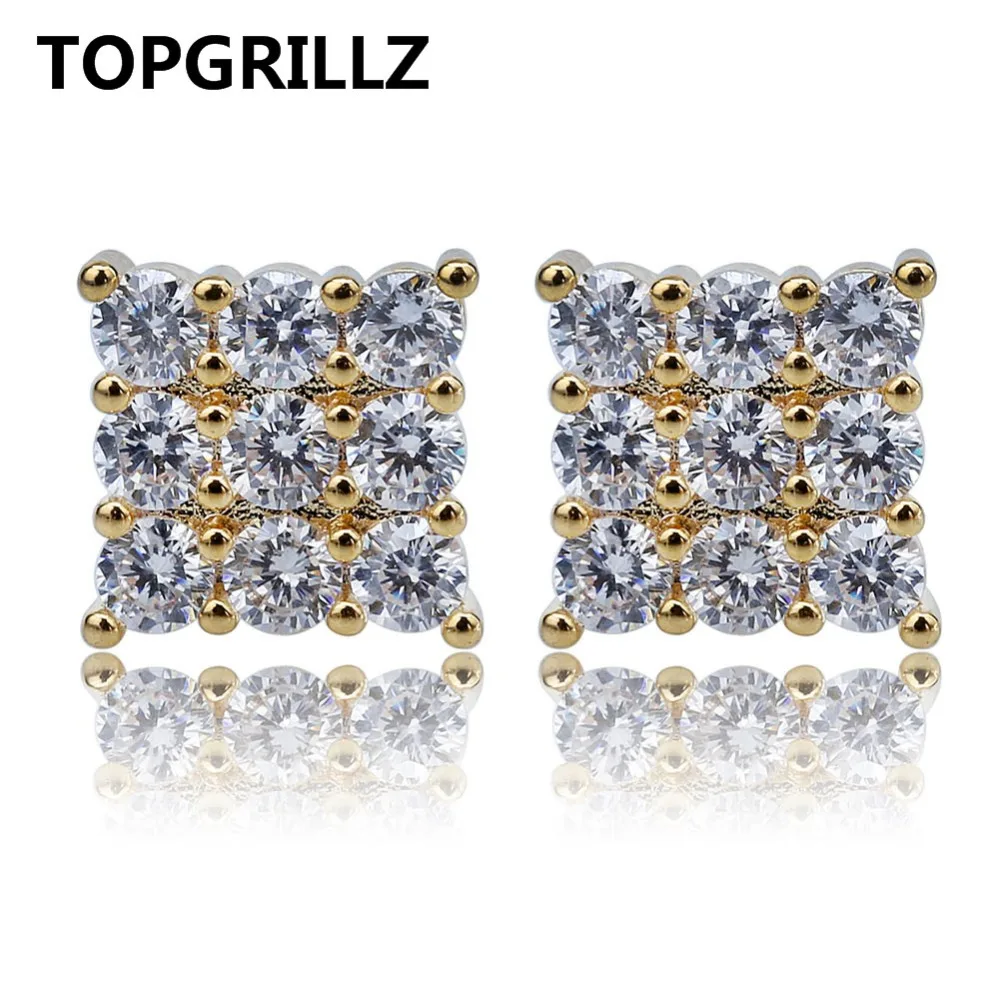 

TOPGRILLZ хип-хоп 3-рядные кубические циркониевые квадратные мужские серьги-гвоздики, Женские Ювелирные изделия золотистого и серебряного цвет...