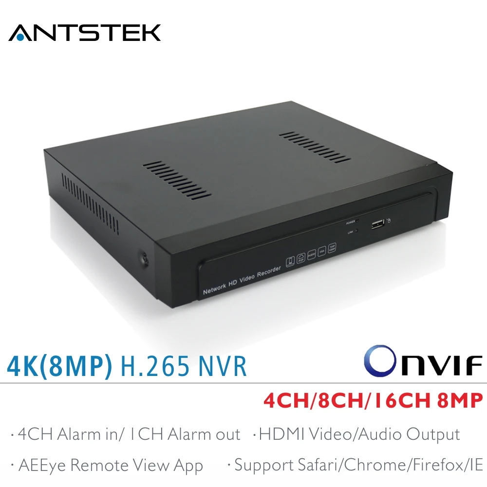 Antstek 4ch 8ch 16ch H.265 4 К (8MP) NVR Поддержка 1x6 ТБ SATA HDD с aeeye смартфон Посмотреть приложение