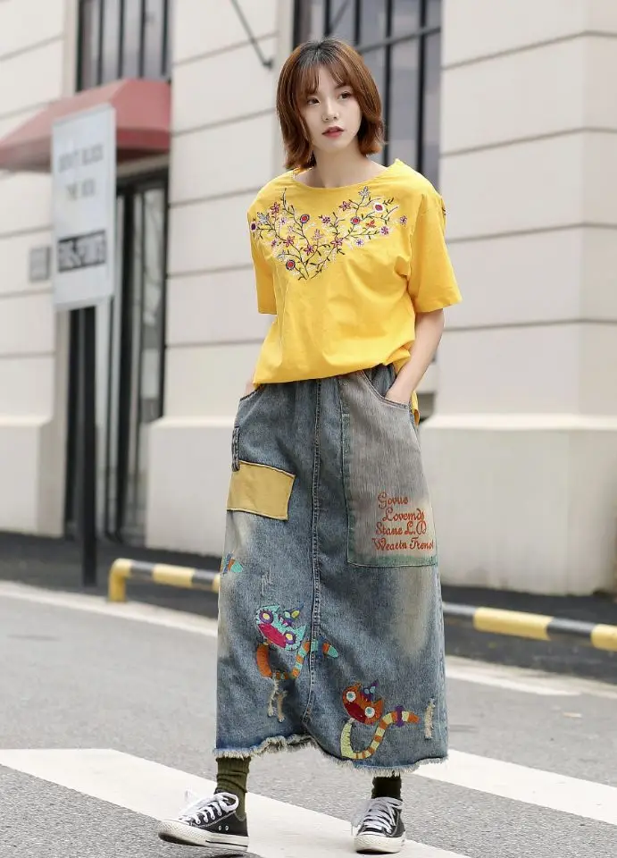 Женские юбки длинная юбка Девушка ковбой весна лето ретро искусство Ван Досуг Мультфильм вышитая буква заусенцы джинсовые юбки