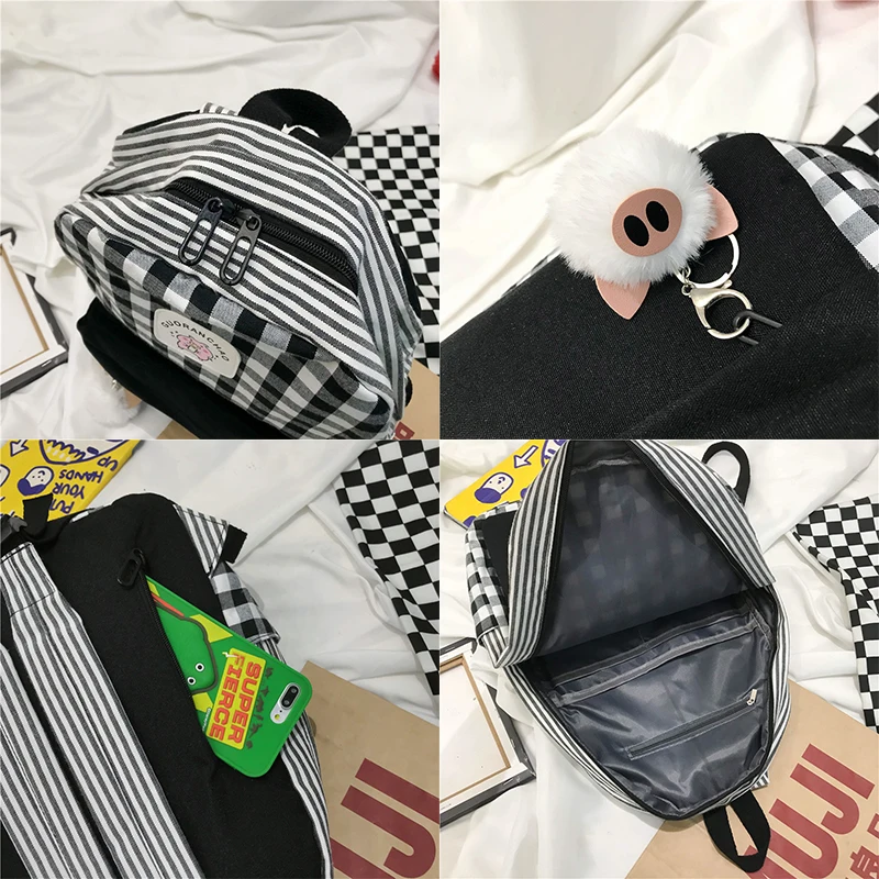 Student Female Pig Plaid Backpack Cute Women Canvas School Bags Girl Kawaii Backpack Fashion Book Ladies Teenage Bag Luxury New