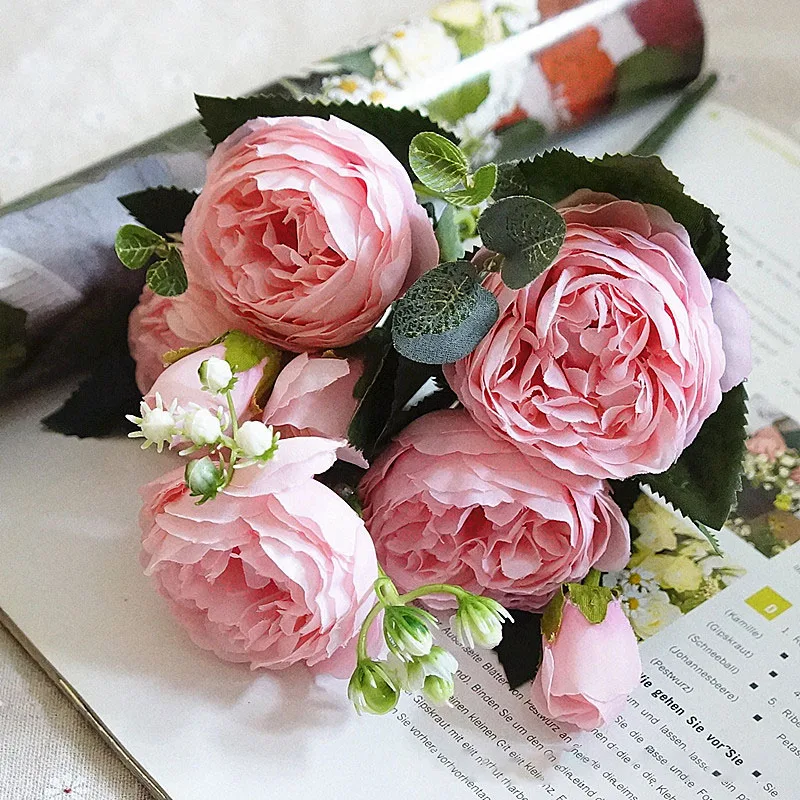 5 шт. Искусственные Шелковые Розовые цветы пиона головок букет цветов Осенний