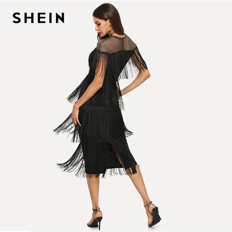 SHEIN Black Highstreet Party Going Out Elegant Sheer Yoke Layered Fringe Detail Dress Autumn Modern Lady Women Dresses
