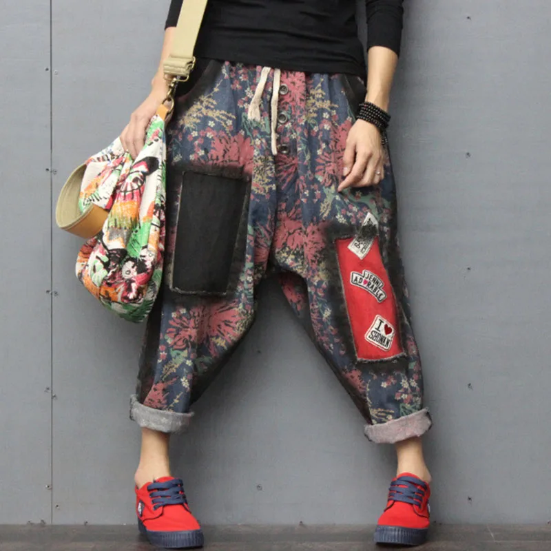 Женские джинсы шаровары с цветочным принтом винтажные свободные эластичной