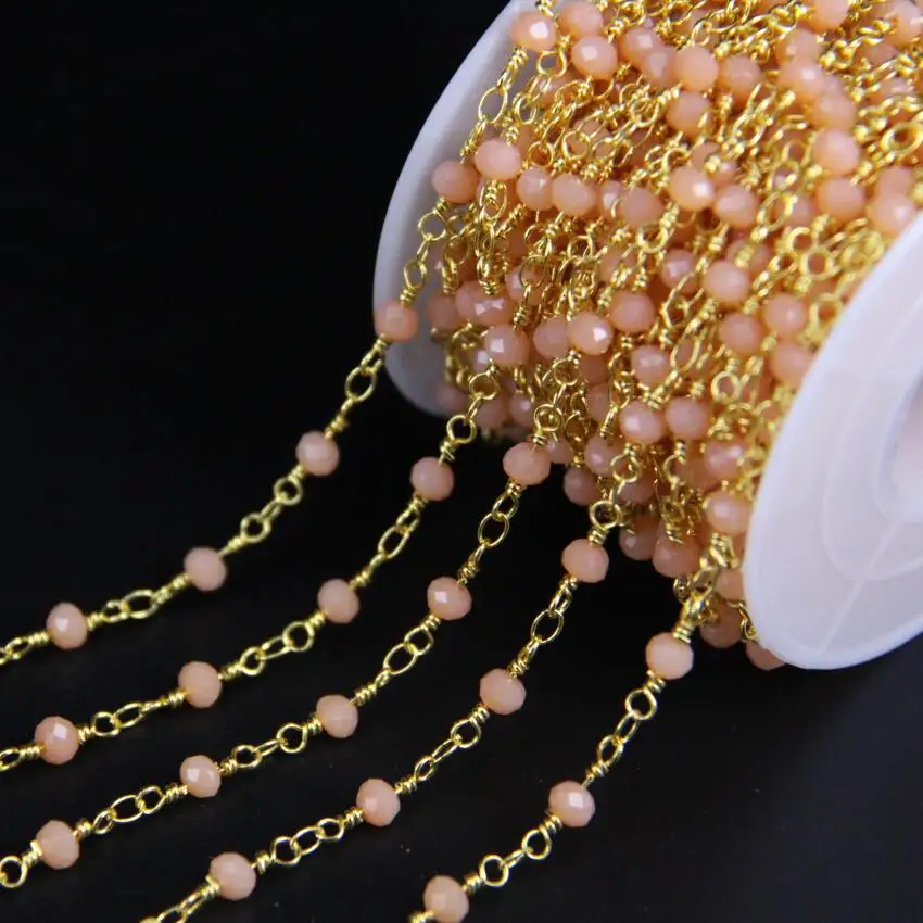 

3x4mm Candy Pink Glass Rosary Chain,Crystal Brass Wire Wrapped Faceted Rondelle Gold Chain,Bracelet Earrings Necklace