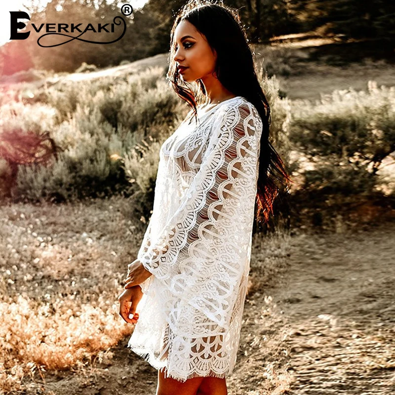 Everkaki Boho прозрачное кружевное мини-платье для женщин пляжный комбинезон