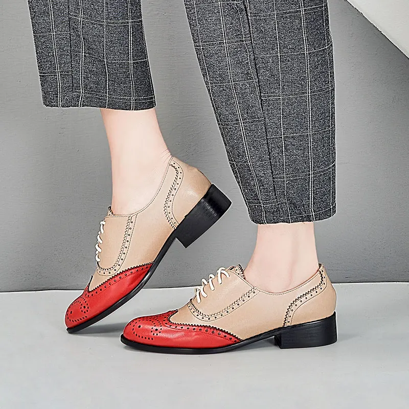 

Women's Shoes Genuine Leather Brogues Lady Flats Shoes Vintage Handmade Sneakers Red Brown Oxford Sheepskin Shoes for Women 2019