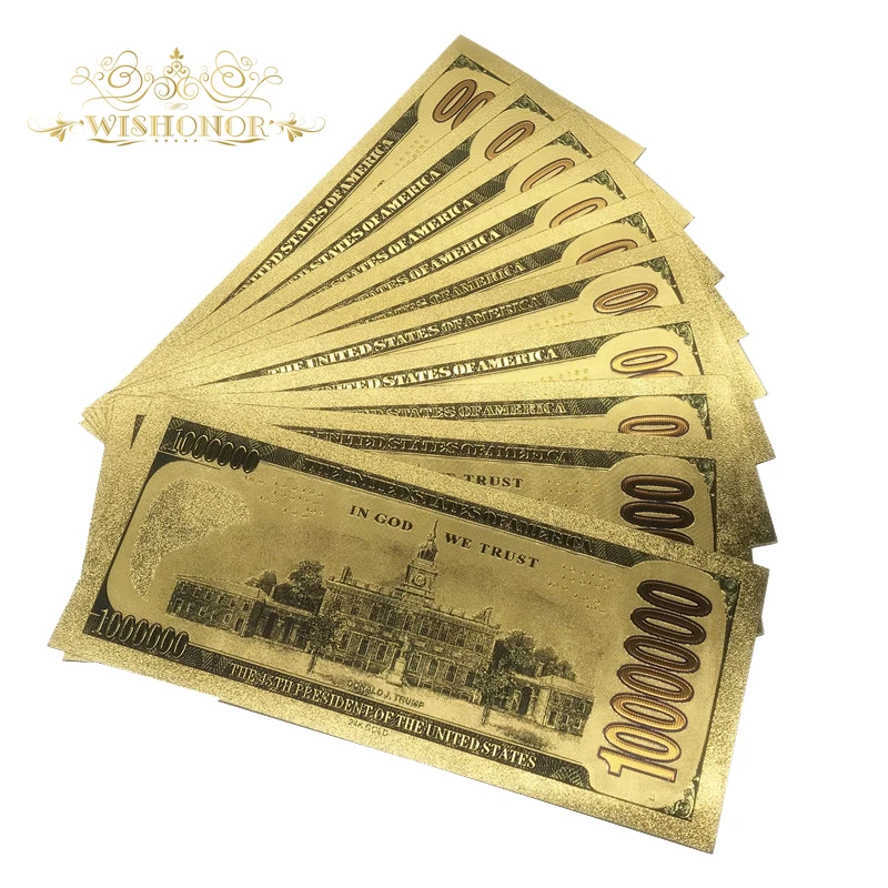 

Wishonor 10Pcs/Lot Colorful USA Trump Banknotes 1,000,000 Dollar Bills Banknote in 24K Gold Plated Paper Money For Gifts