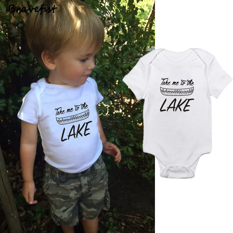 Trajes de verano para beb&eacute;s, monos de manga corta para reci&eacute;n nacidos de 0 a 24 meses, ropa para ni&ntilde;os, trajes de cuello redondo para el sol, con letras "TAKE ME TO THE LAKE"-0