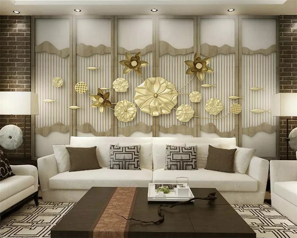 

beibehang papel de parede Custom three-dimensional new Chinese golden embossed lotus screen TV background wallpaper papier peint