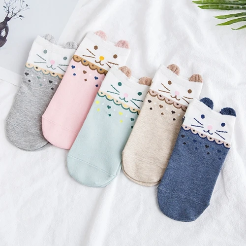 5 пар, женские милые носки, Harajuku, мультяшный Кот, рисунок, повседневные, хлопок, веселые, женские, короткие носки, тонкие, летние, короткие, стильные - Цвет: 06