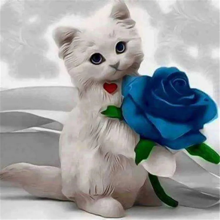 Картина 5D Стразы с изображением белого кота и синей розы домашняя круглая