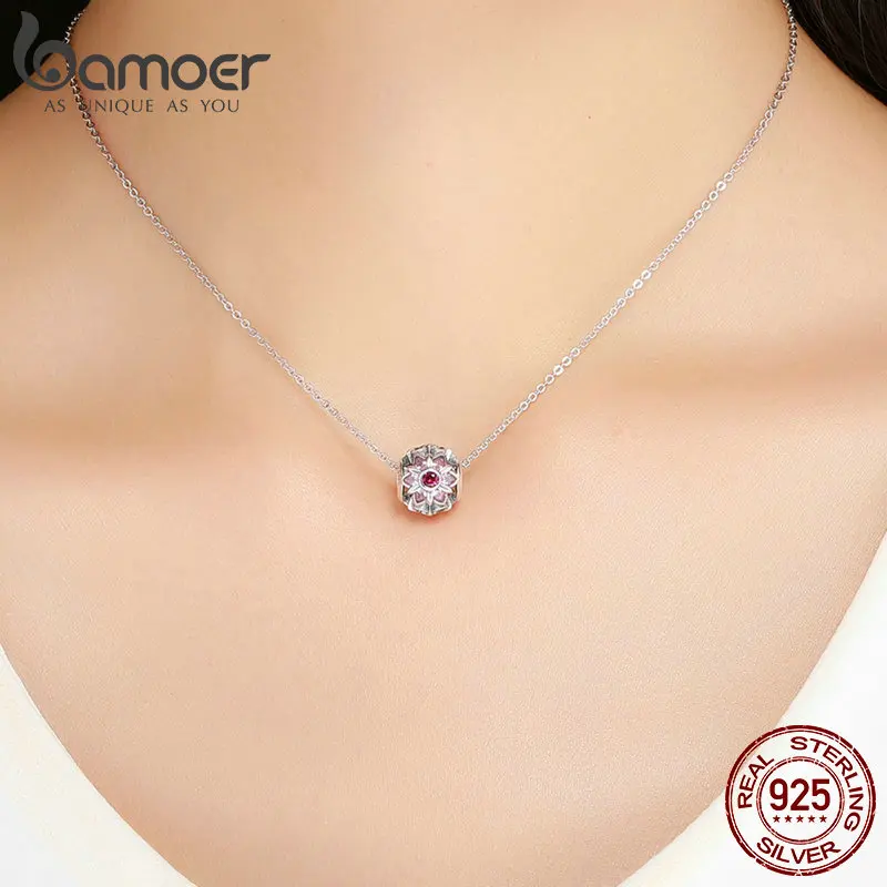 BAMOER 925 пробы Серебряный Кристалл цветок розовый CZ цветок бусины подходят для женщин браслеты с подвесками DIY ювелирные изделия подарок подруге SCC839