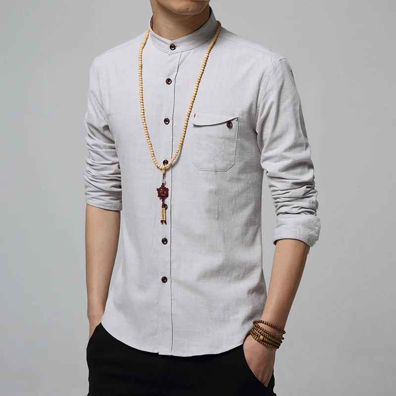 MIACAWOR Cotton Linen Men Shirt New 2018 Stand Collar Casual Male Slim Fit Mens Shirts Long-Sleeve Camisa Hombre 5XL MC250 | Мужская