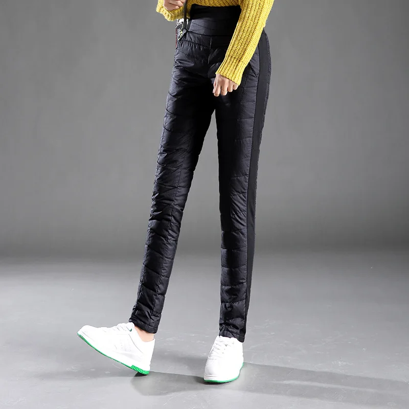Зимние женские брюки на пуху уличные белые утином с высокой талией тонкие