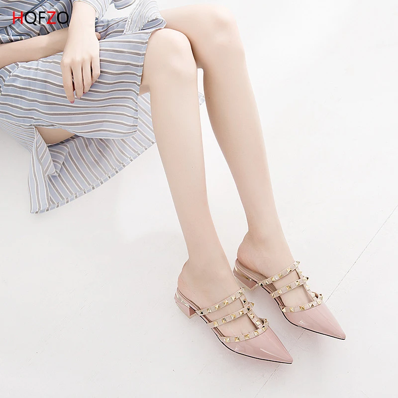 HQFZO Rivet Patent Leather Sandals Pointed toe Slippers Closed Toe Slingback Slip On Comfortable Women Summer Shoes Flats Mujer | Обувь