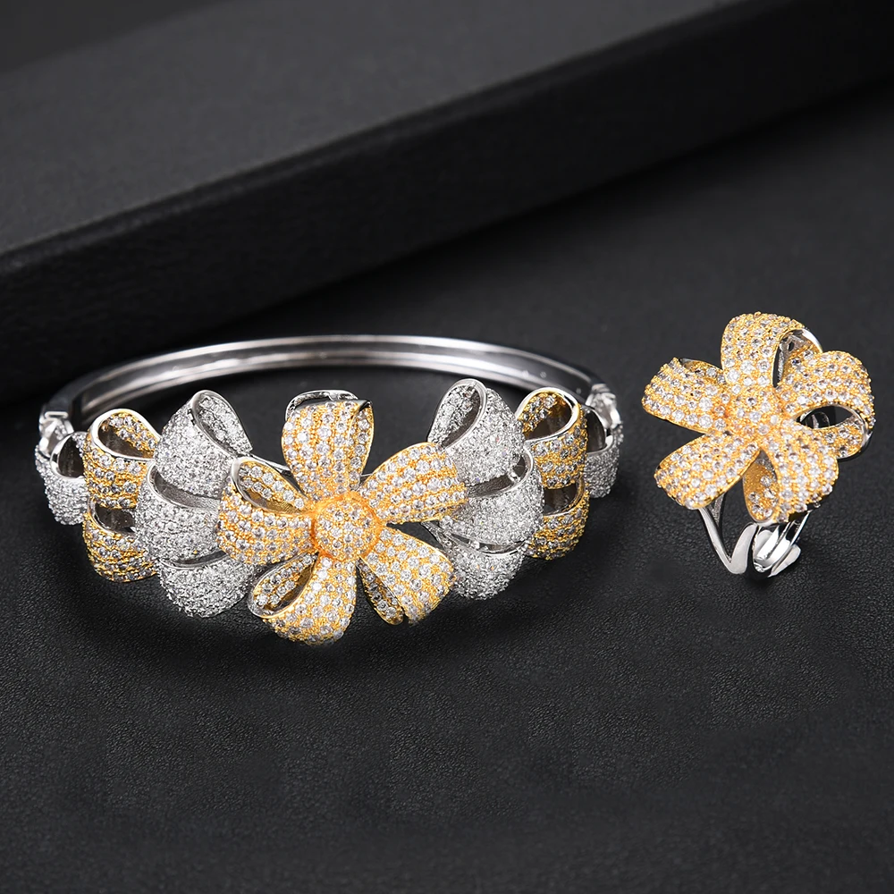 SisCathy Luxury Flower Bicolor Jewelry Sets Women Wedding Cubic Zirconia Dubai Gold Necklace Earrings Bangle Ring | Украшения и