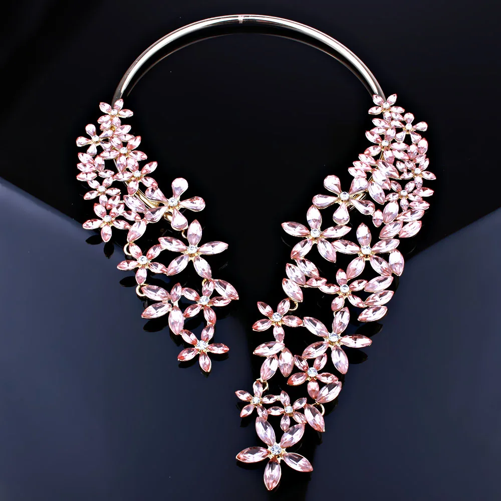 Trendy Jewelry Crystal Glass Flowers open Choker Necklace Statement torques Necklace for Women