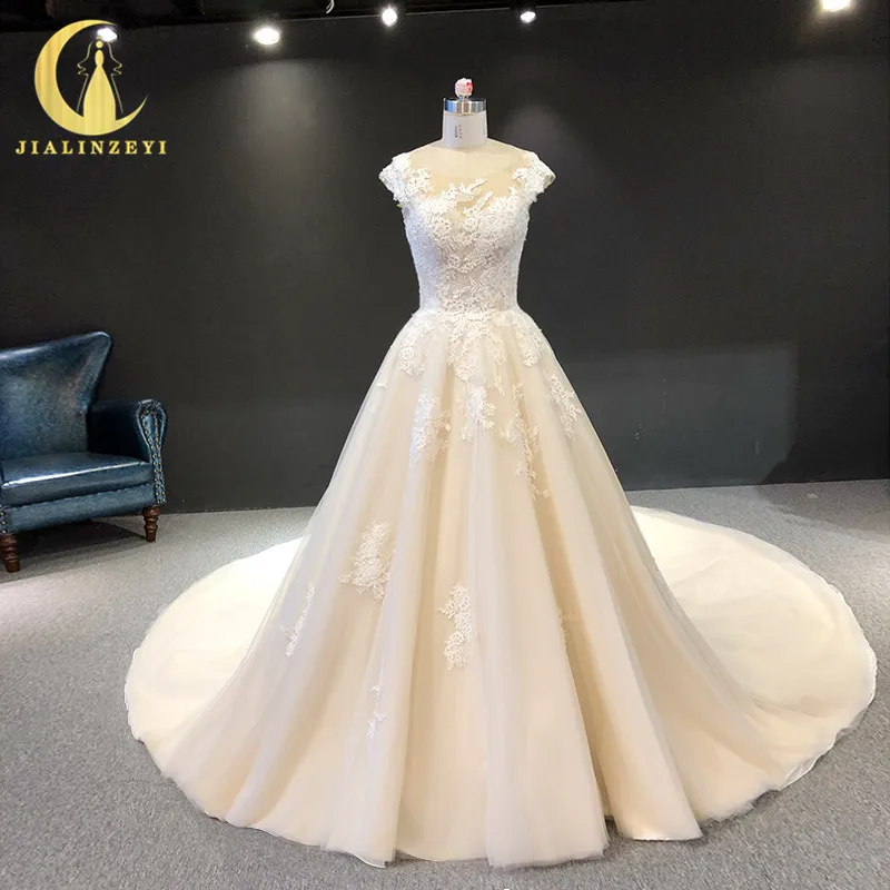 

JIALINZEYI Real Picture Champagne Cap Sleeves Lace A-line Bridal Wedding Dresses wedding gown dresse