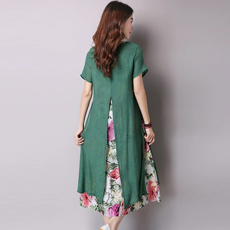 

Cotton Linen Dress 2018 summer Women Vintage O Neck Short Sleeve Two Layers High Split Floral Print Loose Long Vestidos QH1338