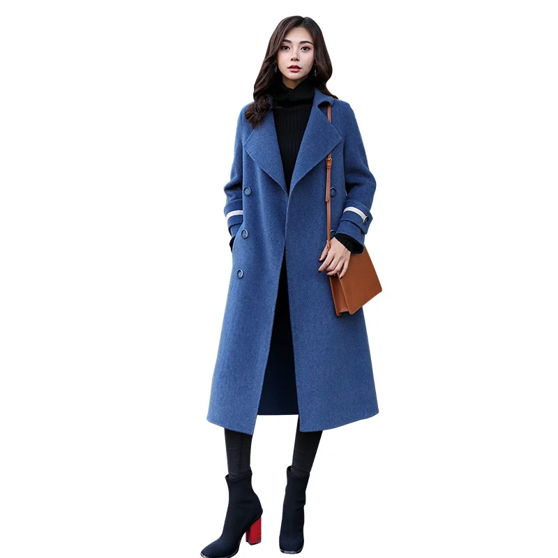 Smoky blue Double-breasted woolen coat female long section 2019 new spring autumn popular Hepburn wind z34 | Женская одежда