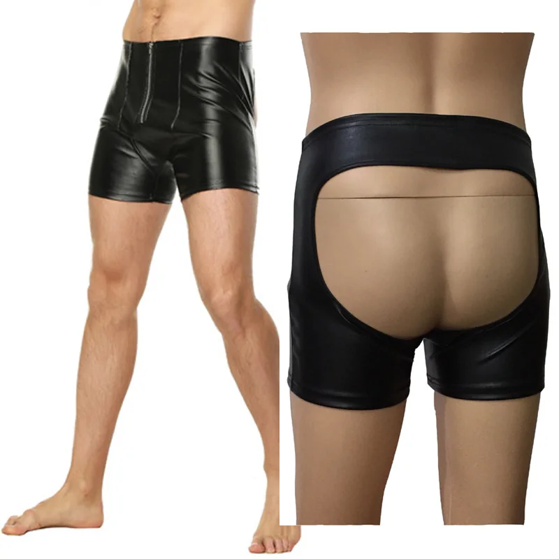 

Men Sexy PU Leather Wet Look Open Butt Gay Boxer Brief Night Club Shorts Underwear Fetish Role Play Costume Lingerie