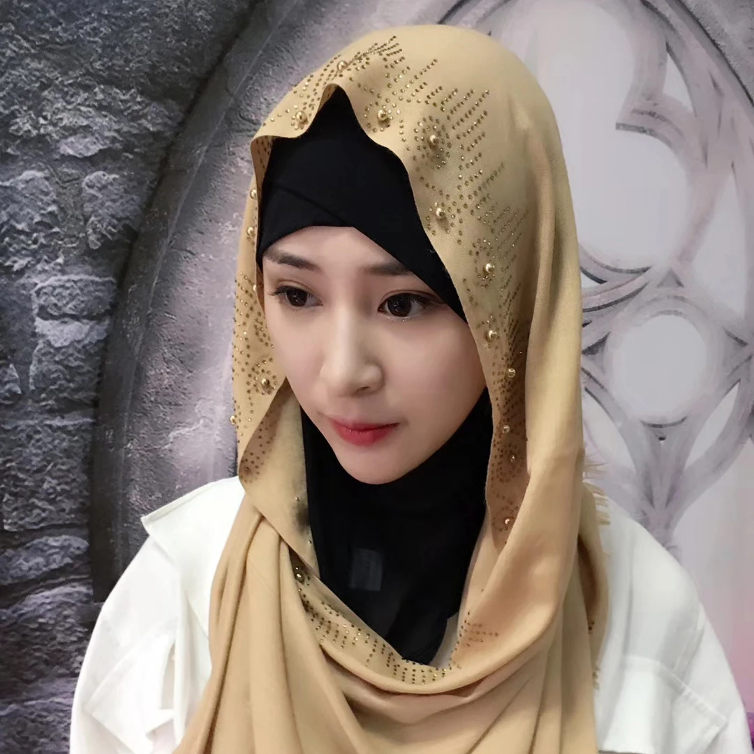 Мусульманские платки Бисероплетение геометрические хиджаб Cutton Muslima Шаль Исламская повязка на голову головные уборы Schaila - Цвет: Цвет: желтый