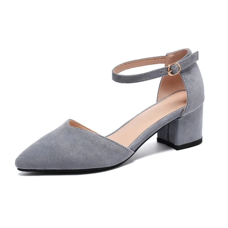 Женские туфли лодочки из флока на среднем каблуке с острым носком пряжкой размер