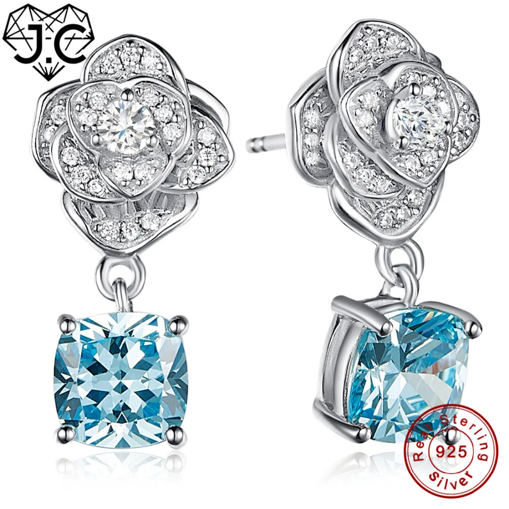 

J.C Exquisite Flower Blue & Garnet White Topaz Solid 925 Sterling Silver Earrings Charm Fine Jewelry Earrings for Women