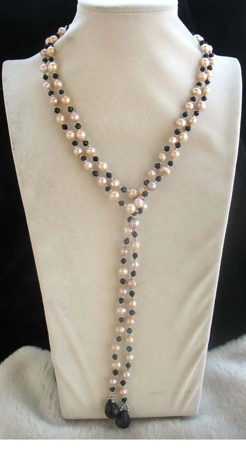 

pimk freshwater pearl near round 6-7mm and black quartz necklace 62" nature wholesale beads nature FPPJ