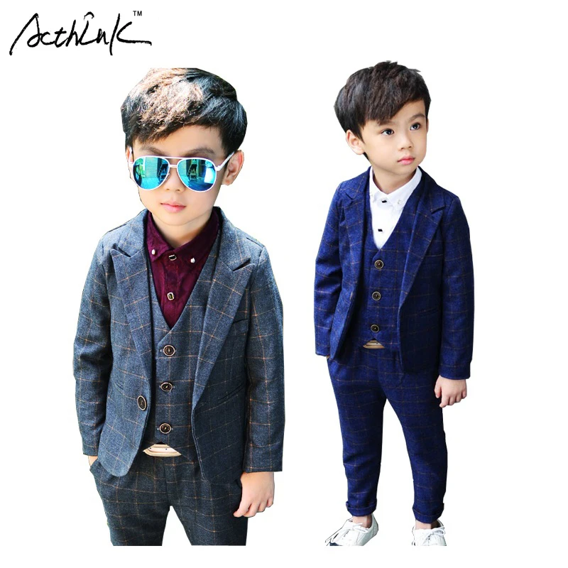 

ActhInK 2017 New 3Pcs Boys Plaid Wedding Suit Brand England Style Gentle Boys Formal Tuxedos Suit Kids Spring Clothing Set, C157