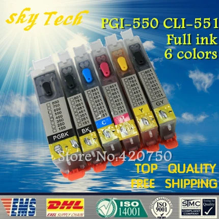 

6PK Full ink Refillable Cartridge suit for PGI550 CLI551 ,Suit for canon MG5450 IP8750 MG6350 MG6550 MG7150 iP7250,with ARC chip