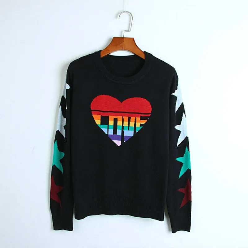 New Sweet Sweaters For Women Mid Long 2018 Autumn Jacquard Heart Love Female Loose Pullover Stars Full Sleeves Top Runway Jumper | Женская