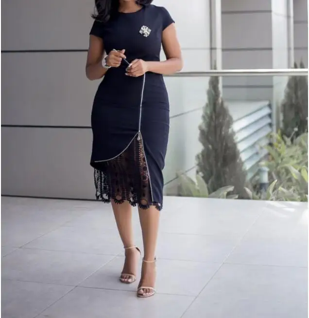 Женское летнее платье карандаш с круглым вырезом и молнией спереди|Женские