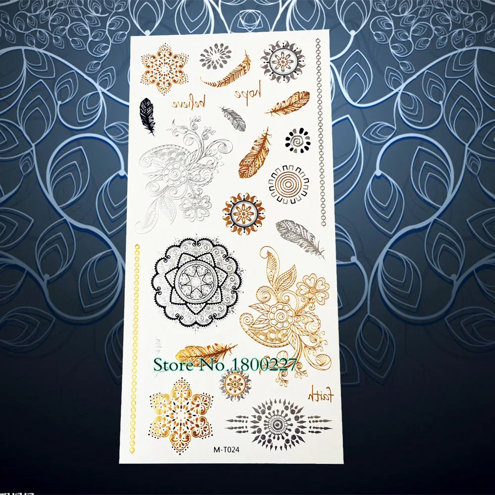 1 шт. Золотая хна металлическая тату индийские от солнца цветы перо дизайн