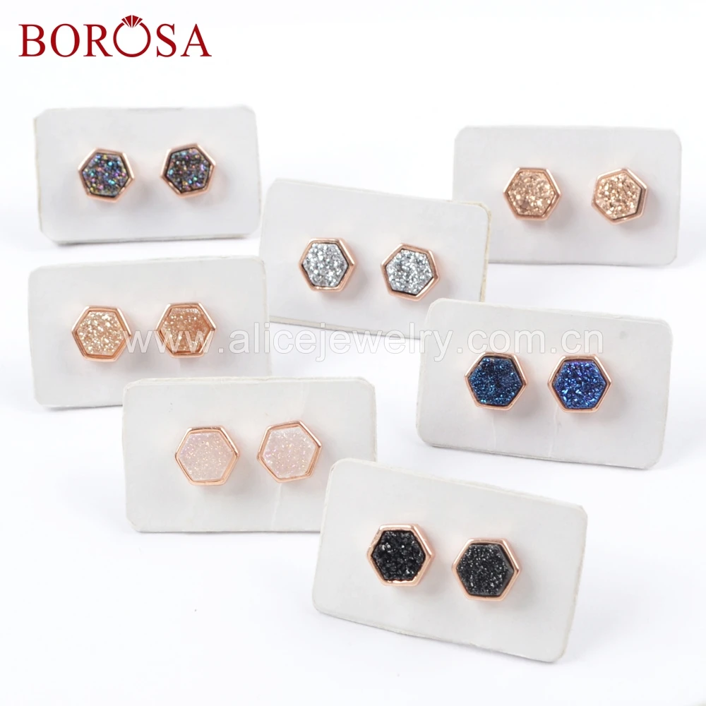 Шестигранные серьги гвоздики BOROSA цвета розового золота титановые радужные друзы