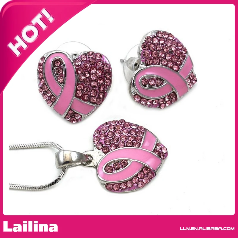Цепочка с кулоном и серьги гвоздики в виде сердца из розовой ленты|sets pendant|pink heart