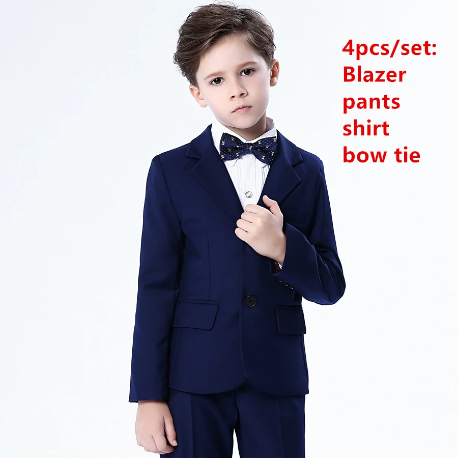 blue blazer 4pcs Детский костюм для свадьбы, комплекты для мальчиков с цветочным рисунком, Детские торжественные смокинги, наряды блейзер для мальчиков, жилет, рубашки, брюки комплект одежды с галстуком-бабочкой - Цвет: blue blazer 4pcs
