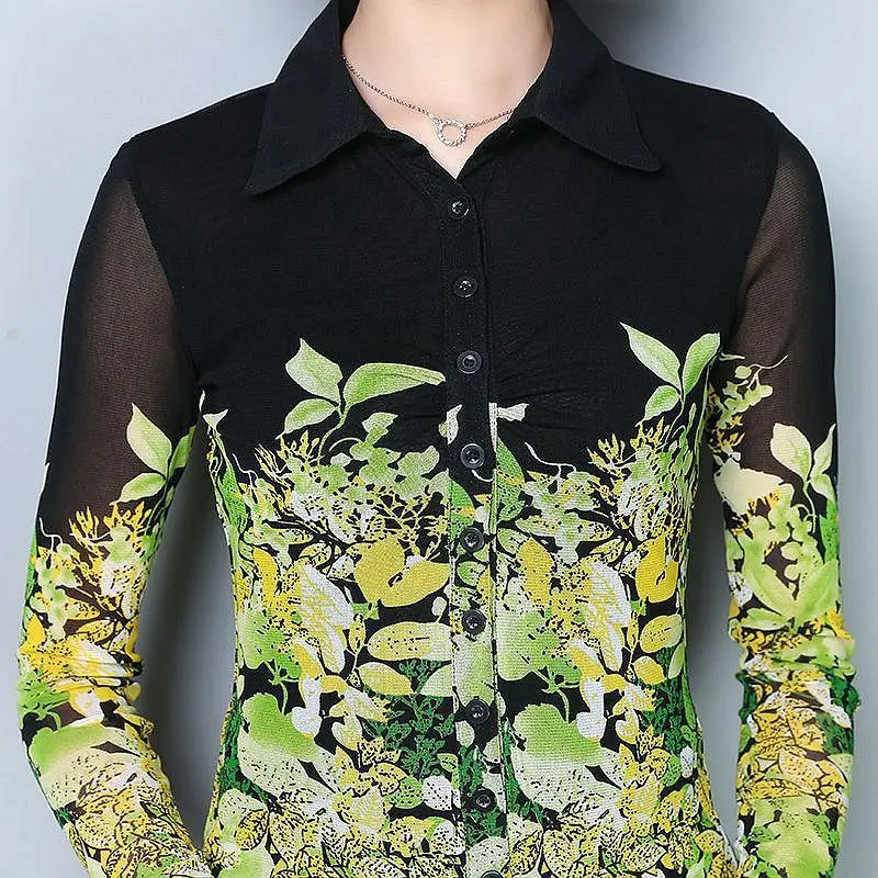 Элегантных Женщин ПОЛО Воротник Цветочный Печатные С Длинным Рукавом Блузка