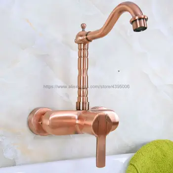 Antique Red Copper Single Handle Bathroom Kitchen Sink Faucets Wall Mounted Swivel Spout Two Holes Kitchen Mixer Taps Bnf936