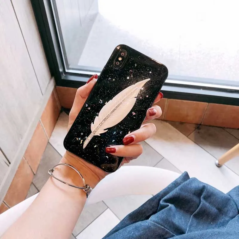 Роскошный чехол с перьями для iPhone X Блестящий Мягкий силиконовый 6 6S 7 8 Plus