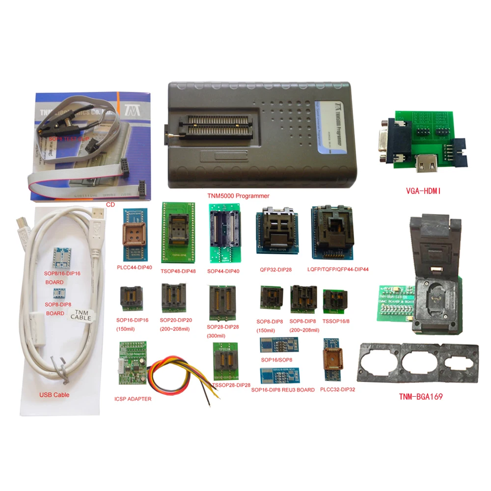 TNM5000 USB EPROM программатор+ 18 гнезд+ IC зажим для NAND flash/EPROM/MCU/PLD/FPGA/ISP/JTAG, поддержка K9GAG08U0E