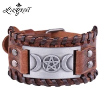 likgreat triple moon star symbol goddess pentagram charm bracelet talisman vintage wide leather bracelet for man and women