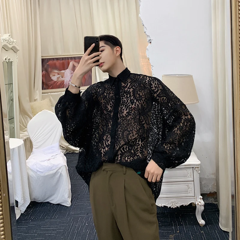 

M-6XL!Spring designer sexy pierced cut lace shirt tide brand men's fairy chic retro wide shirt.