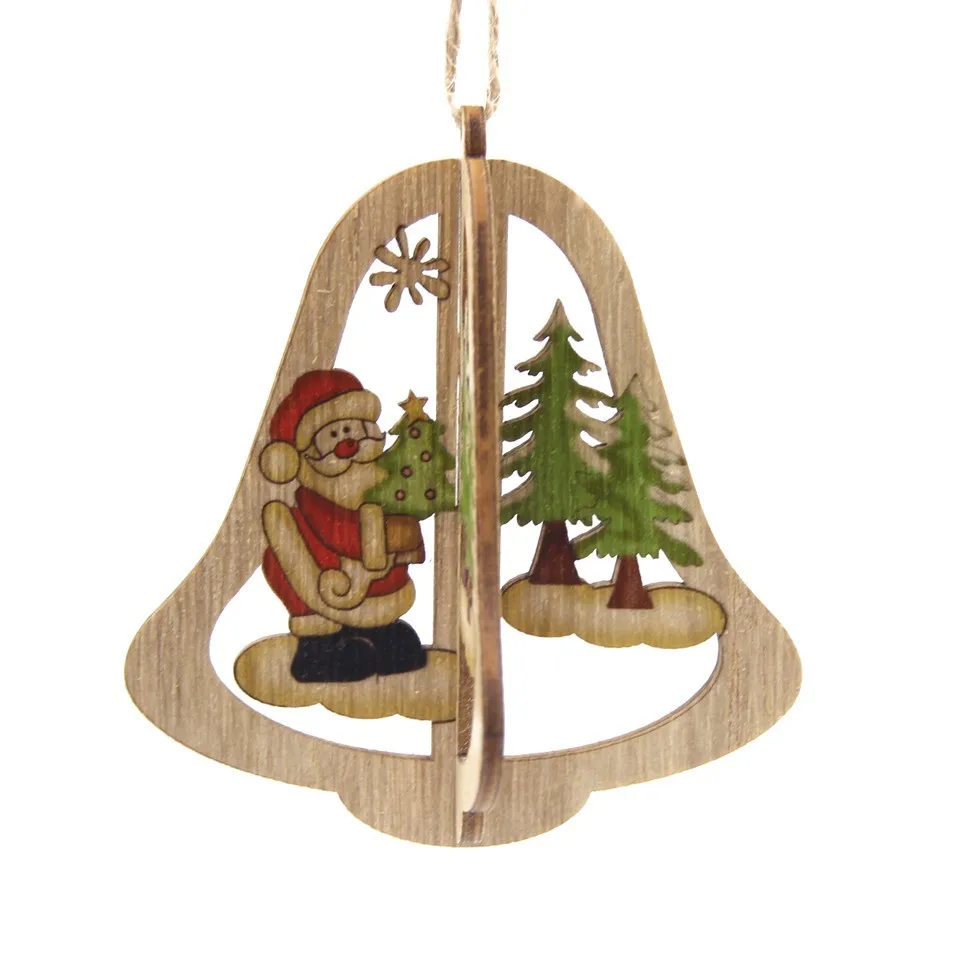 Bell Santa 3 набора креативных 3D рождественских деревянных Подвесок в форме звезды и сердца DIY для рождественской вечеринки, подвесные украшения на елку - Цвет: Bell Santa